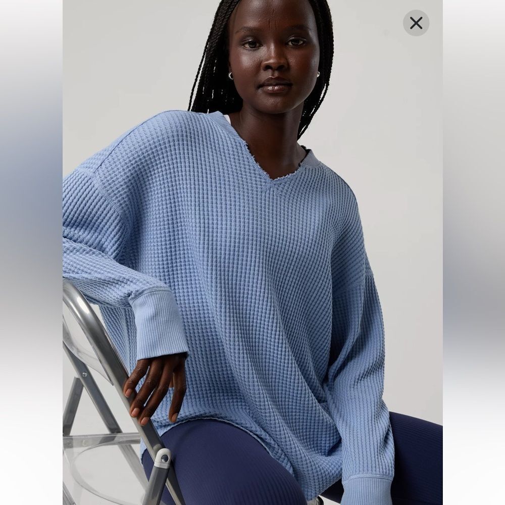 OFFLINE M Monaco Blue By Aerie Wow Waffle Notch Neck Long Sleeve Cotton T-Shirt